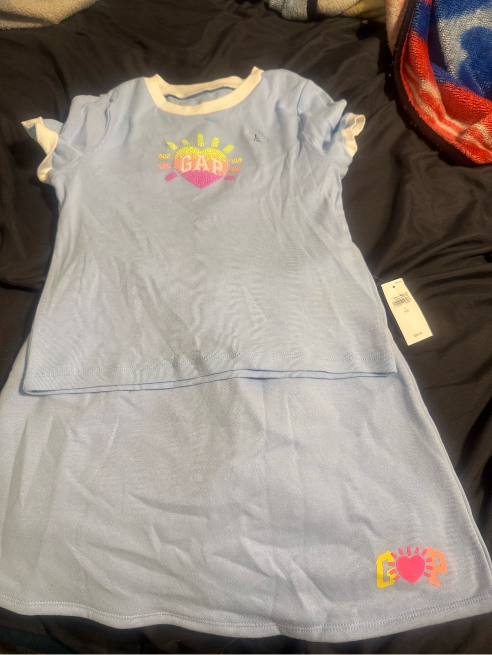 GAP Light Blue Tee and Skirt Set with Sun & Heart Graphics